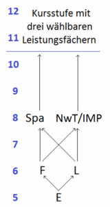 Abfolge der Sprachenwahl am Gymnasium Karlsbad. Klasse 5 Englisch, Klasse 6 Wahl zwischen Französisch oder Latein, KLasse 8 Wahl zwischen Spanisch als dritter Fremdsprache und NwT bzw. IMP
