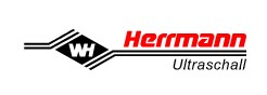 Logo der Firma Herrmann Ultraschall. Schwarzes WH Symbol und in rot geschrieben Herrmann, darunter in schwarz Ultraschall