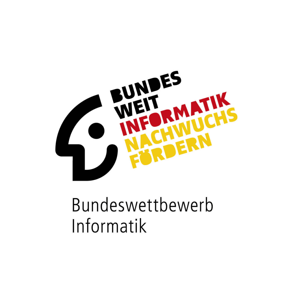 Das Bild zeigt ein Logo für den "Bundeswettbewerb Informatik". In der linken oberen Ecke des Logos befindet sich eine stilisierte Darstellung eines Kopfes, die in Schwarz gehalten ist. Der Kopf hat eine einfache, klare Form mit einem offenen Bereich, der das Gesicht darstellt. Rechts neben dem Kopf sind die Worte "BUNDESWEIT", "INFORMATIK", "NACHWUCHS" und "FÖRDERN" angeordnet. Diese Wörter sind in verschiedenen Farben geschrieben: "BUNDESWEIT" in Schwarz, "INFORMATIK" in Rot, "NACHWUCHS" in Gelb und "FÖRDERN" ebenfalls in Gelb. Die Schrift ist modern und gut lesbar, wobei die Wörter in unterschiedlichen Größen angeordnet sind, um visuelles Interesse zu erzeugen. Unterhalb dieser Wörter steht der Schriftzug "Bundeswettbewerb Informatik" in einer klaren, schwarzen Schriftart. Der Hintergrund des Logos ist weiß, was die Elemente des Logos gut zur Geltung bringt.