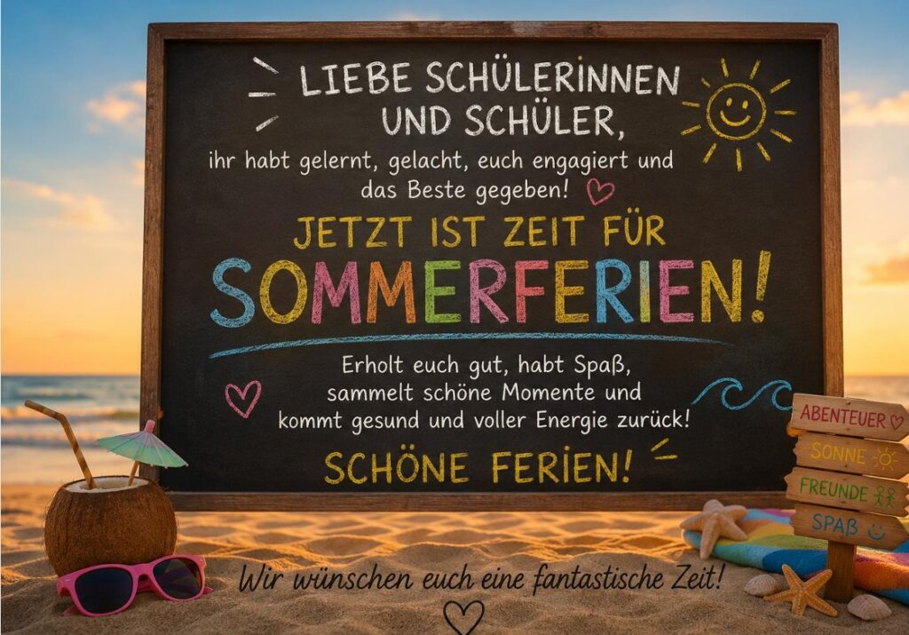Bild Sommerferien, Tafel mit Text, am Strand